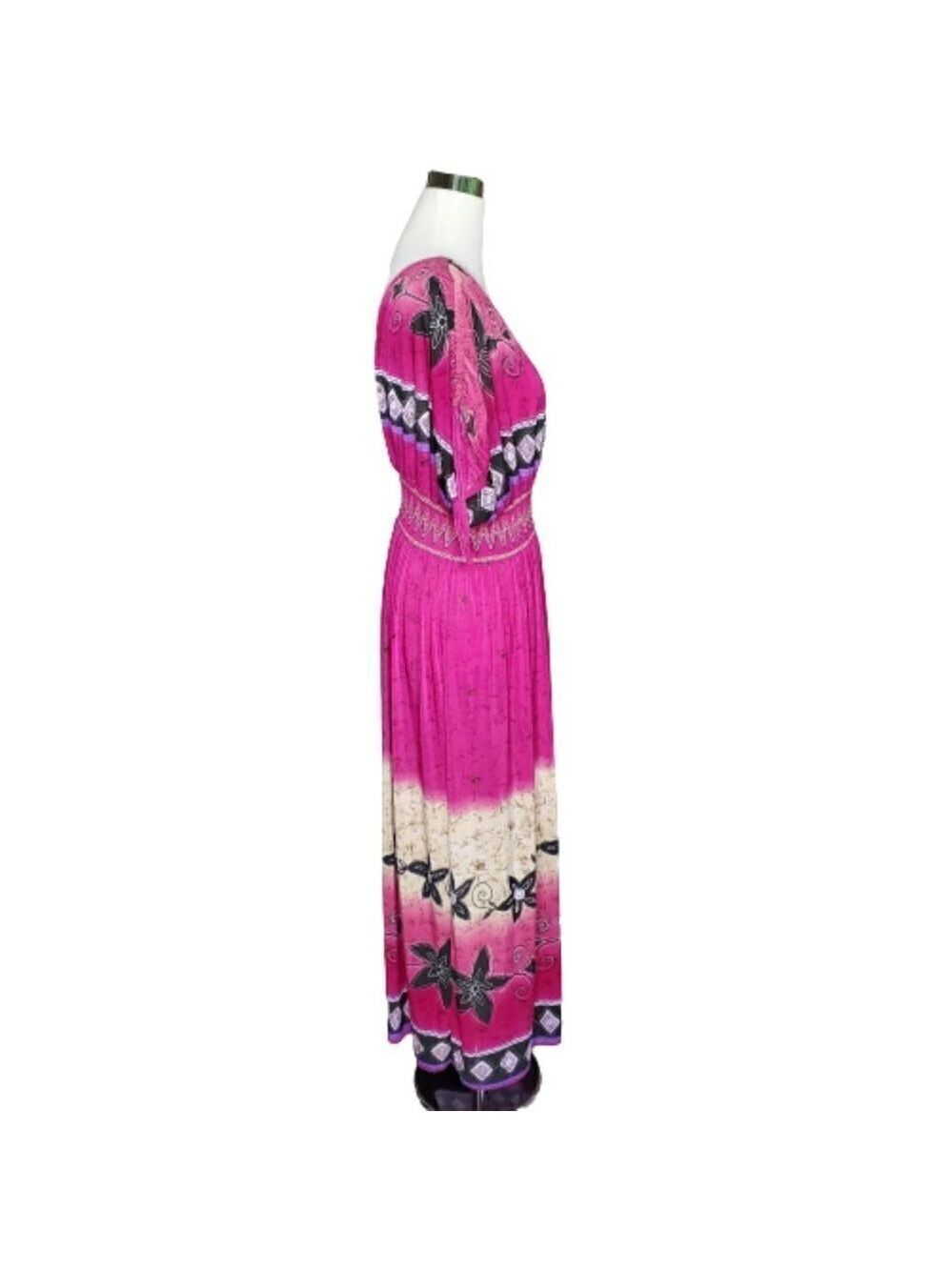 jessica Taylor Pink Floral Pullover V-Neck Back Smocked Waist Midi Dress Large - Picture 5 of 7